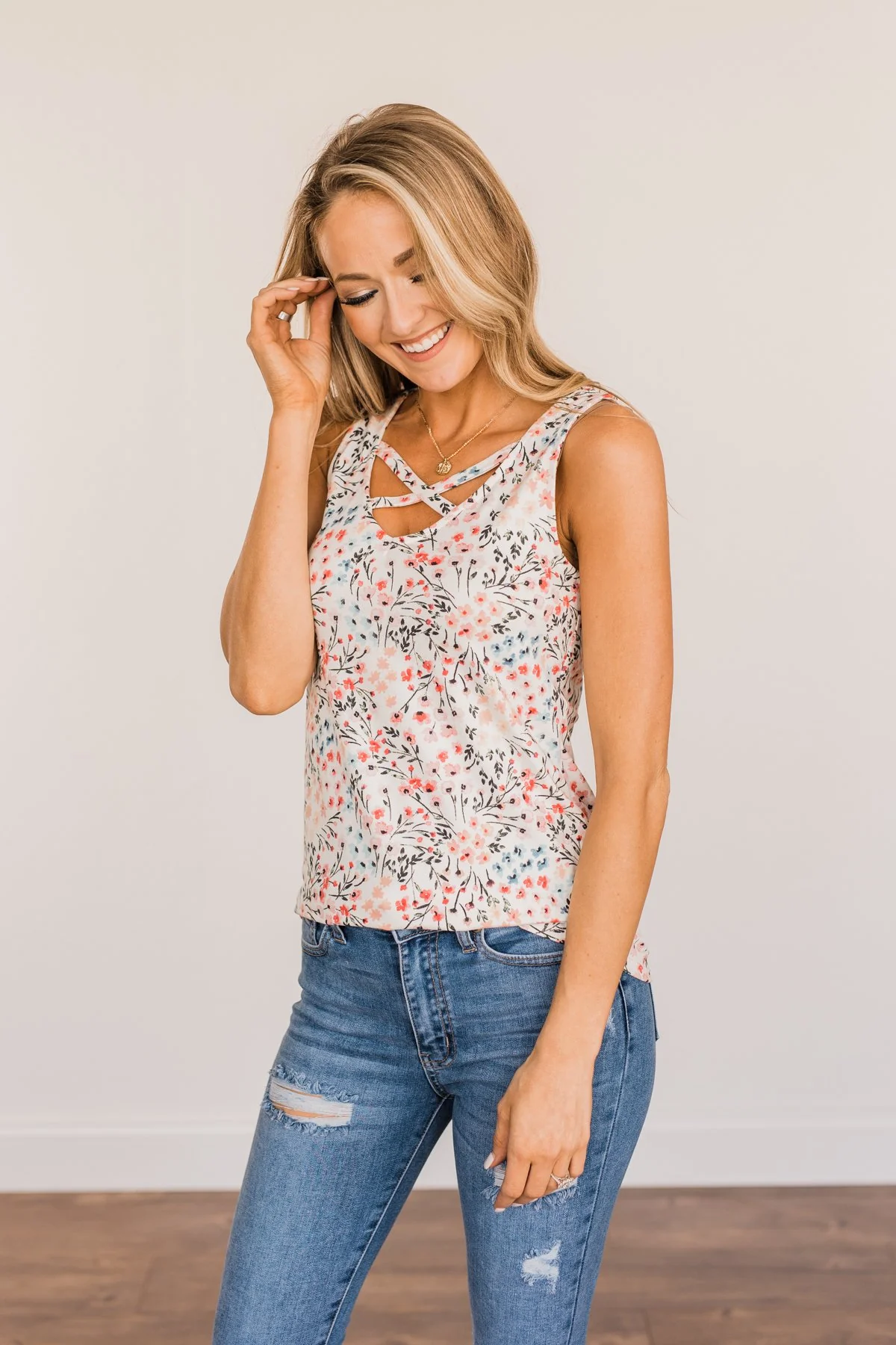 Like A Summer Breeze Floral Criss-Cross Tank- Ivory - Image 7