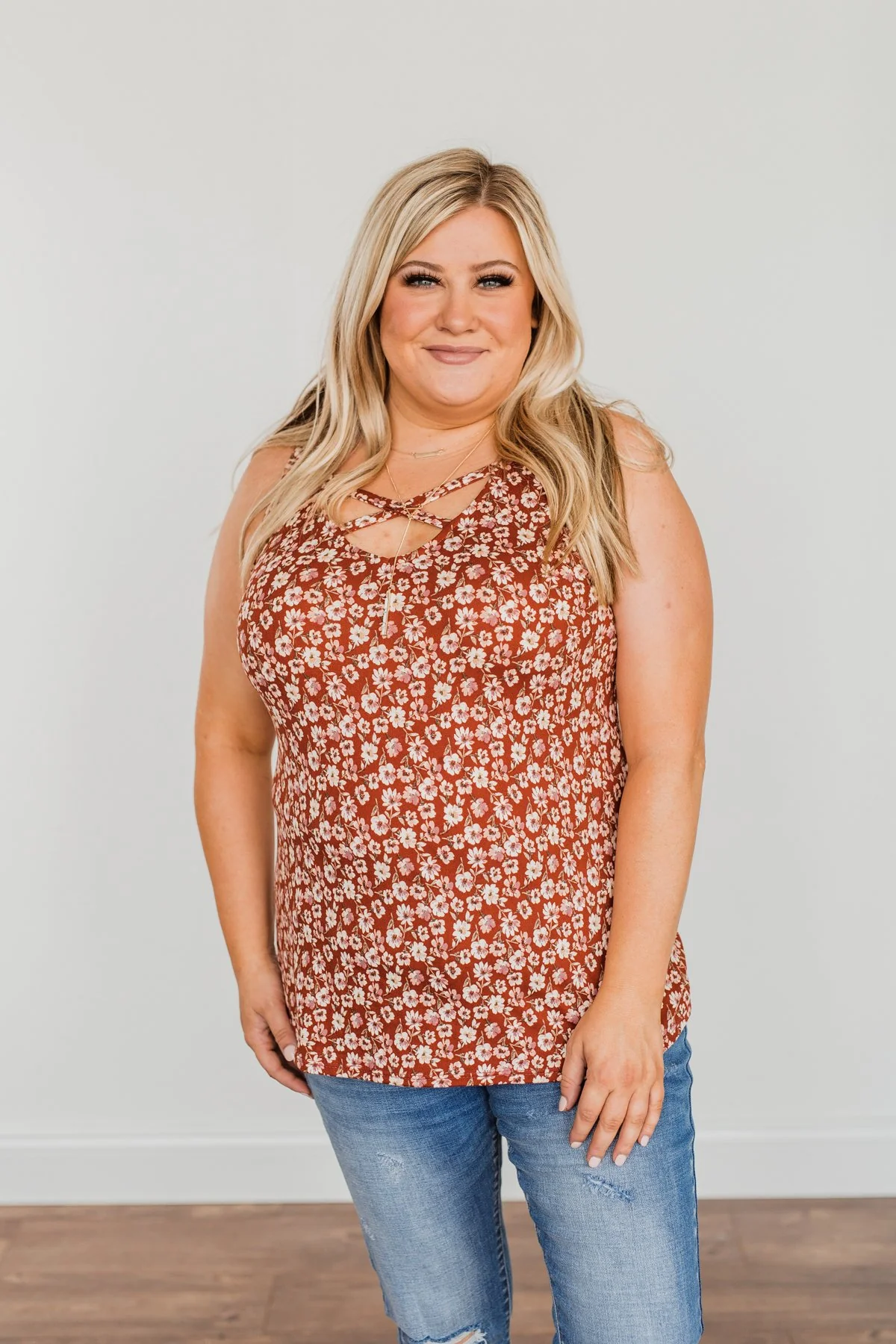 Like A Summer Breeze Floral Criss-Cross Tank- Rust - Image 15