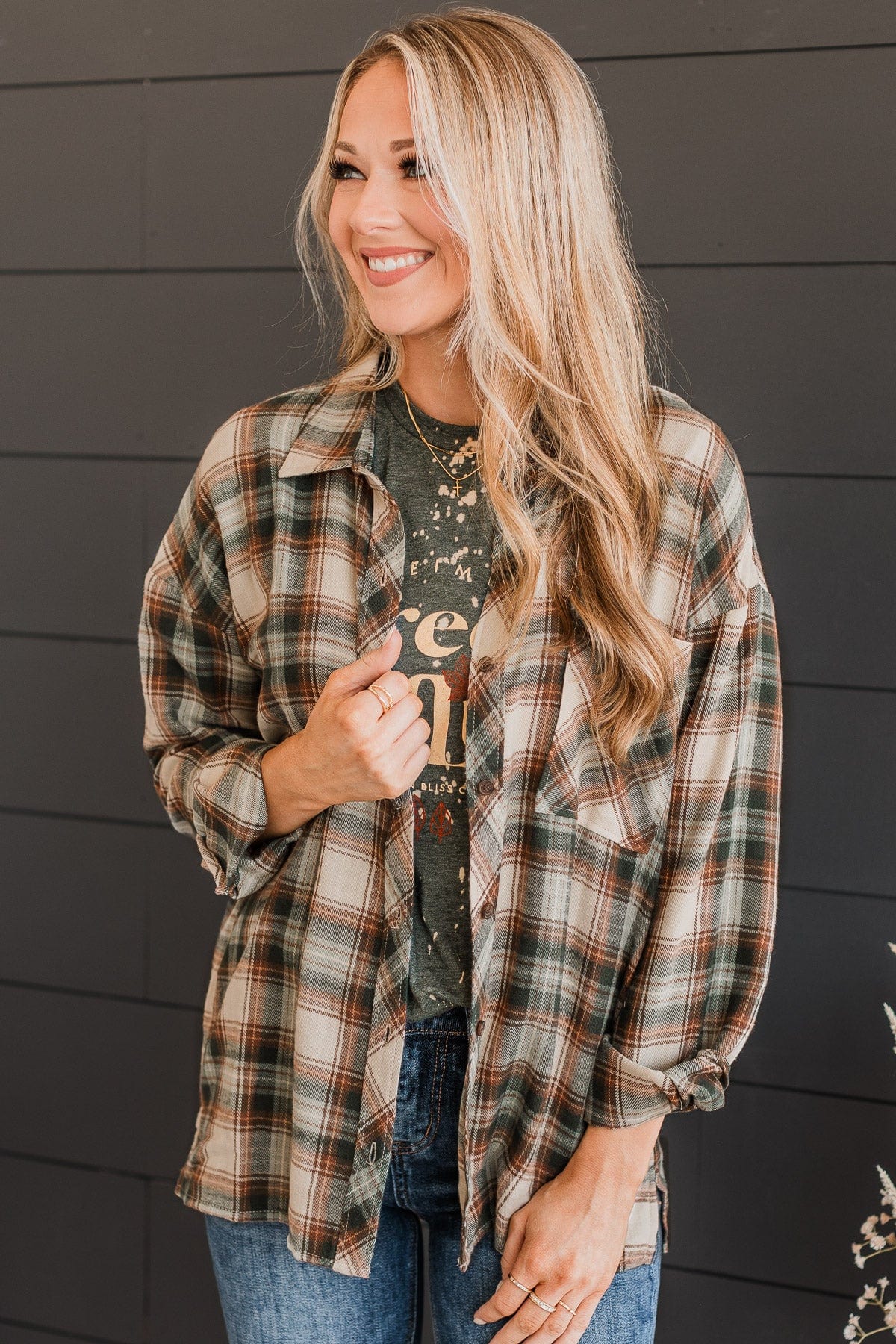 Like Clockwork Plaid Button Top- Hunter Green