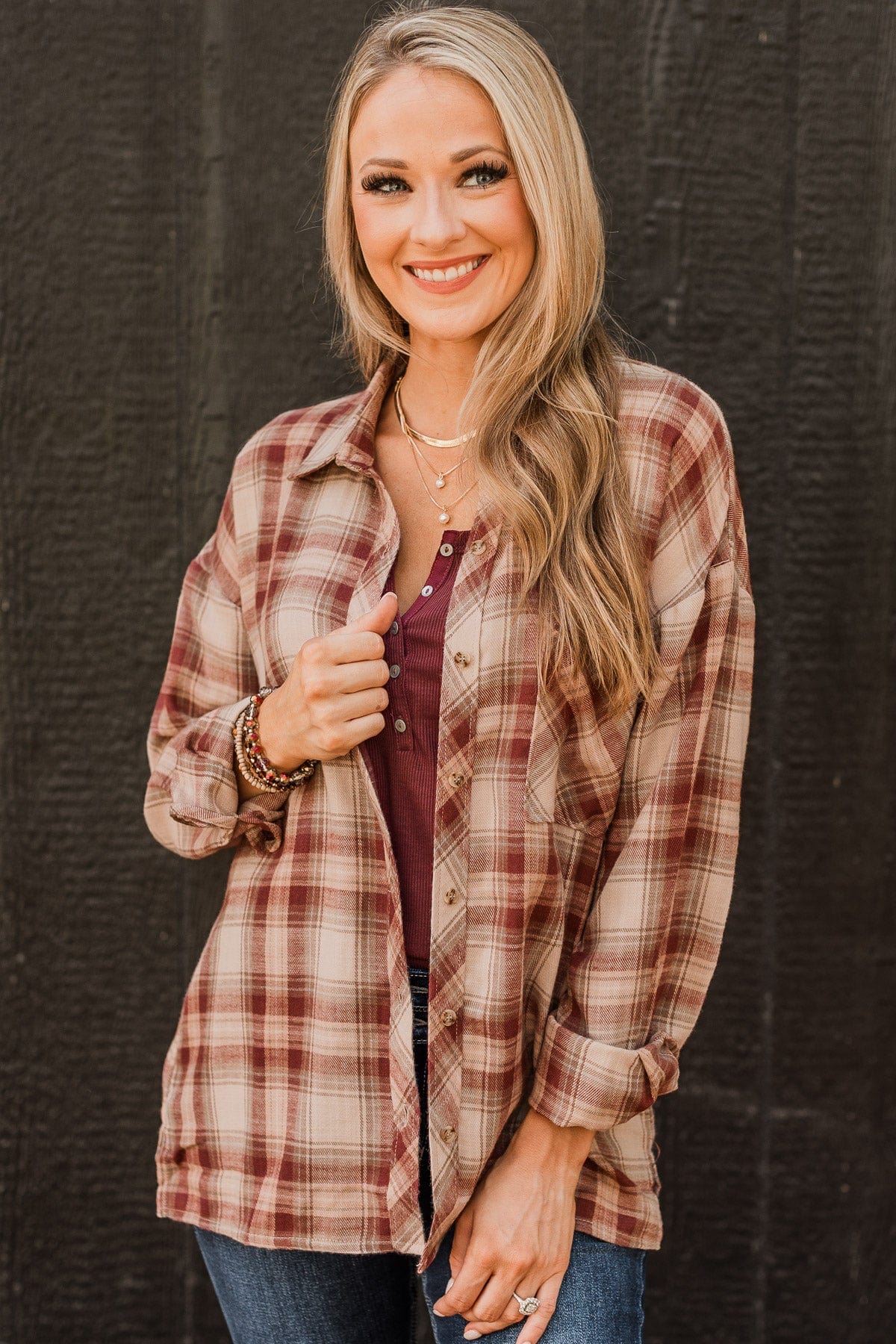 Like Clockwork Plaid Button Top- Maroon