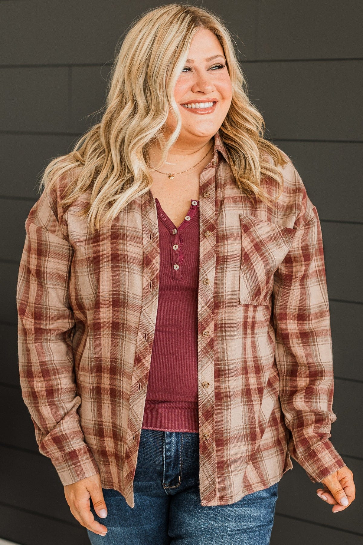 Like Clockwork Plaid Button Top- Maroon - Image 2