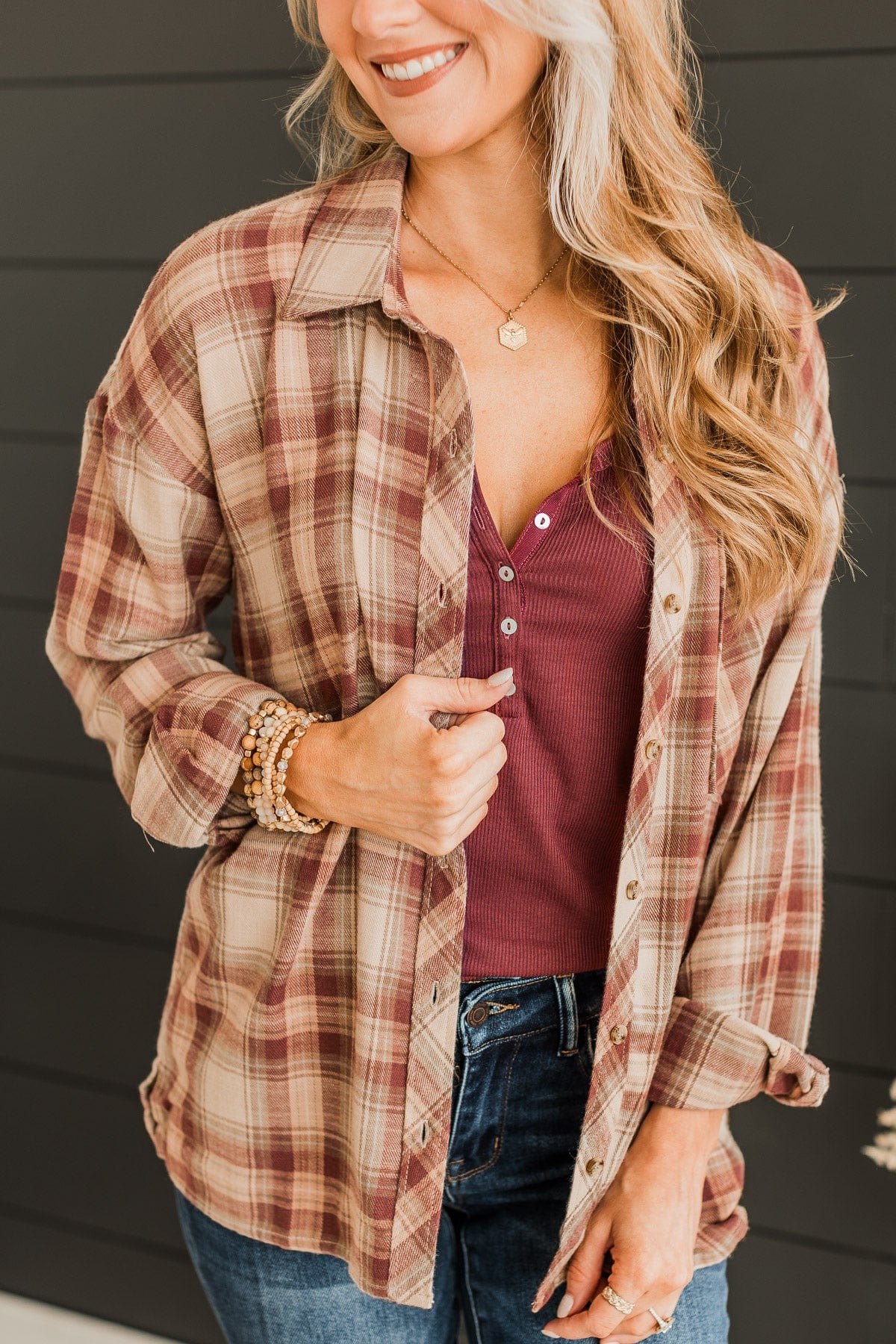 Like Clockwork Plaid Button Top- Maroon - Image 3