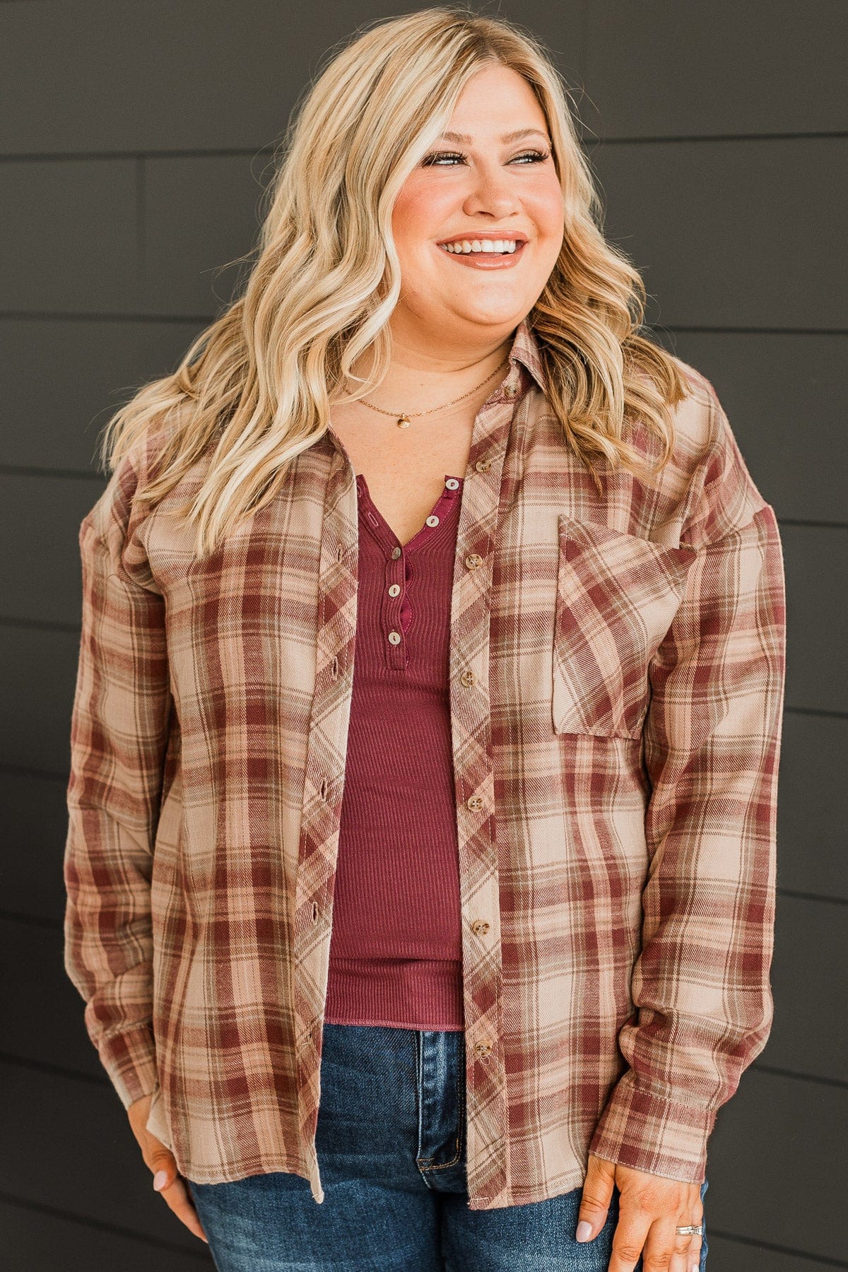 Like Clockwork Plaid Button Top- Maroon - Image 4