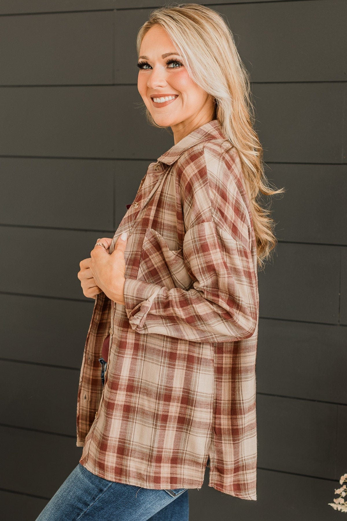 Like Clockwork Plaid Button Top- Maroon - Image 5