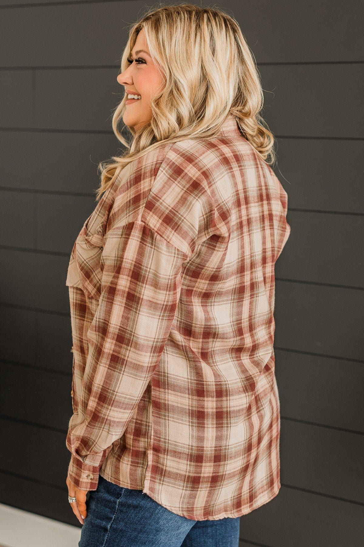 Like Clockwork Plaid Button Top- Maroon - Image 6