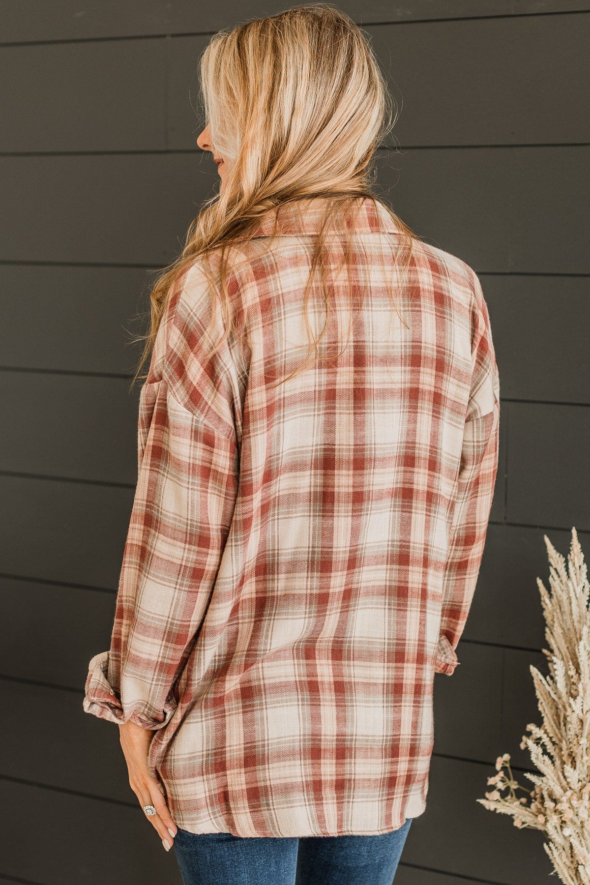 Like Clockwork Plaid Button Top- Maroon - Image 7