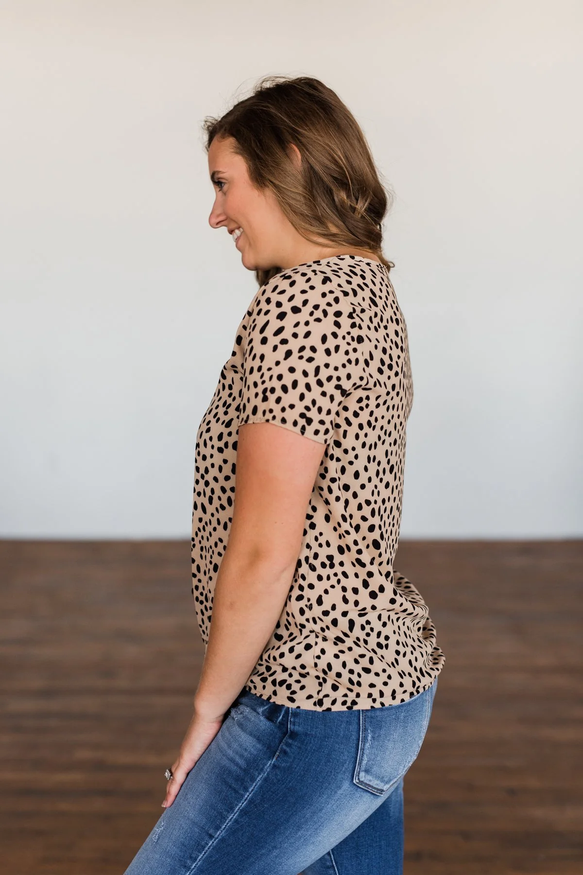 Like It Like That Spotted Button Top- Tan - Image 13