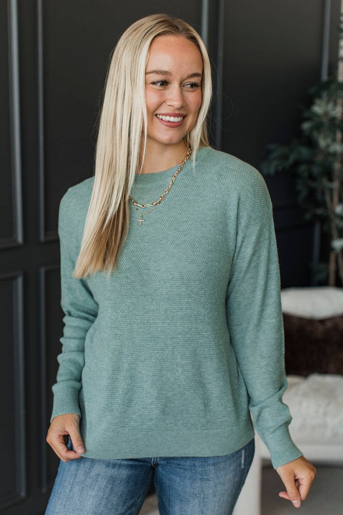 Like We Used To Long Sleeve Knit Sweater- Dusty Teal