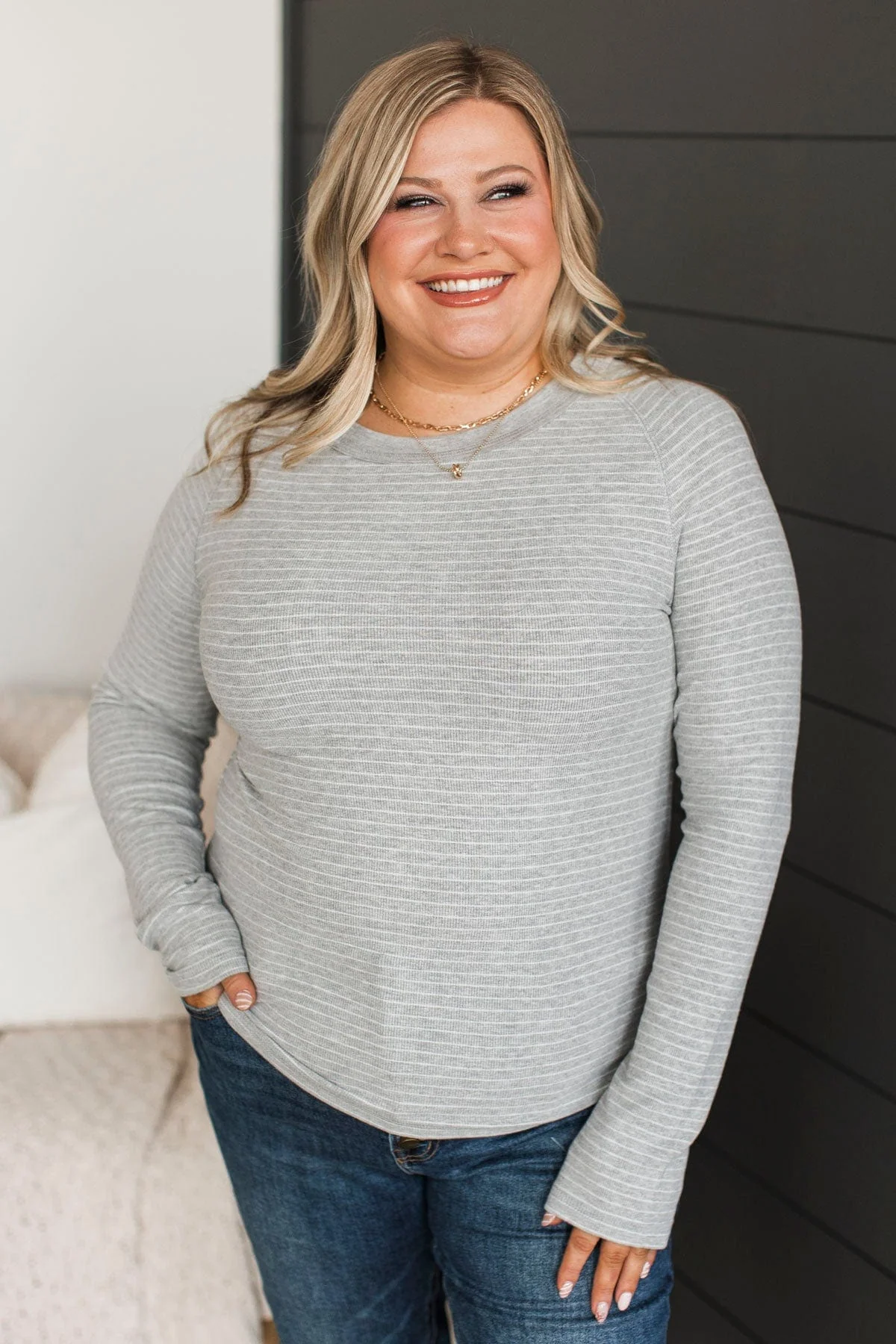 Like You A Lot Striped Top- Heather Grey - Image 2