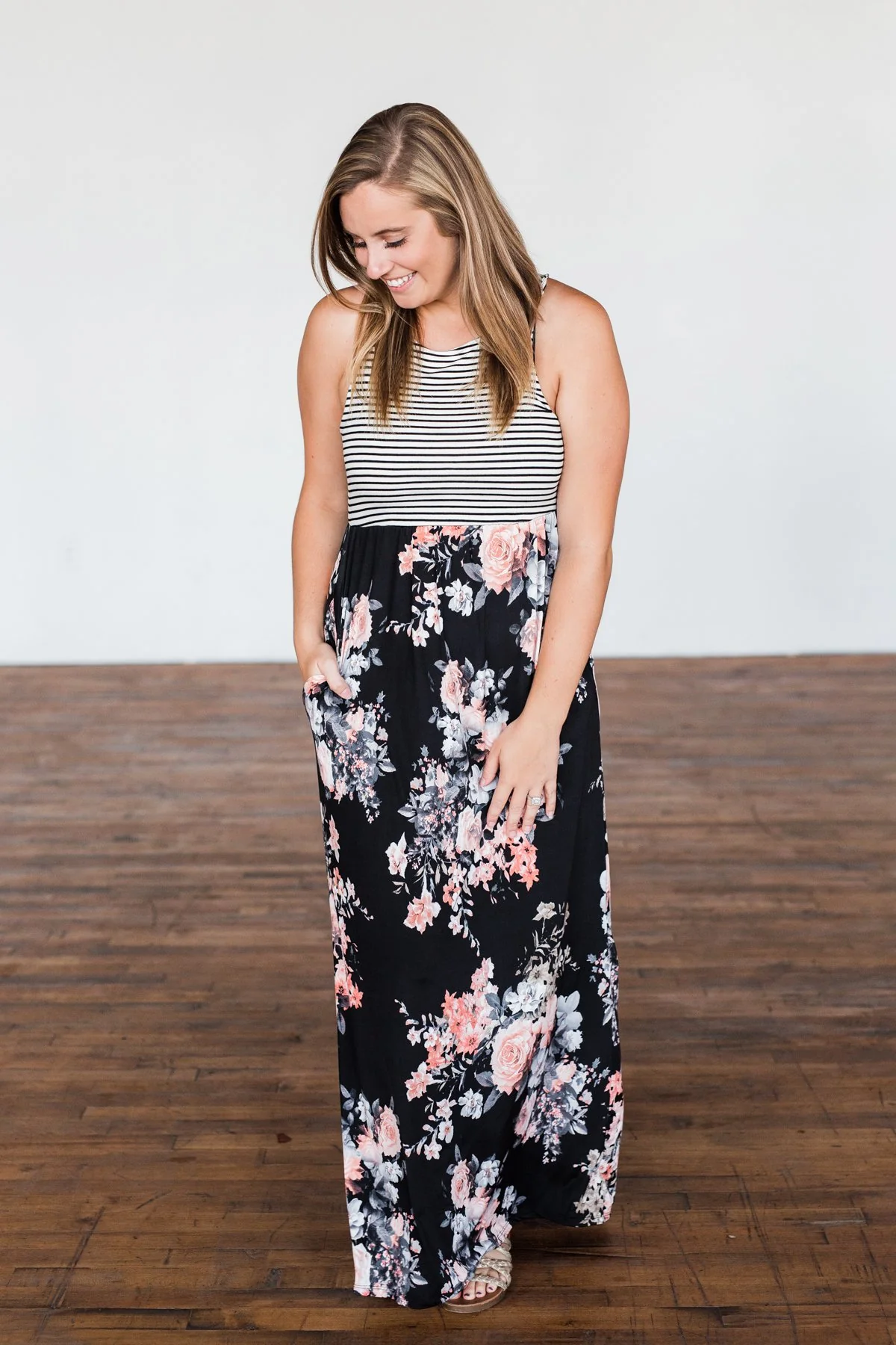 Like You Do Floral & Stripes Maxi Dress- Black & Off White - Image 4