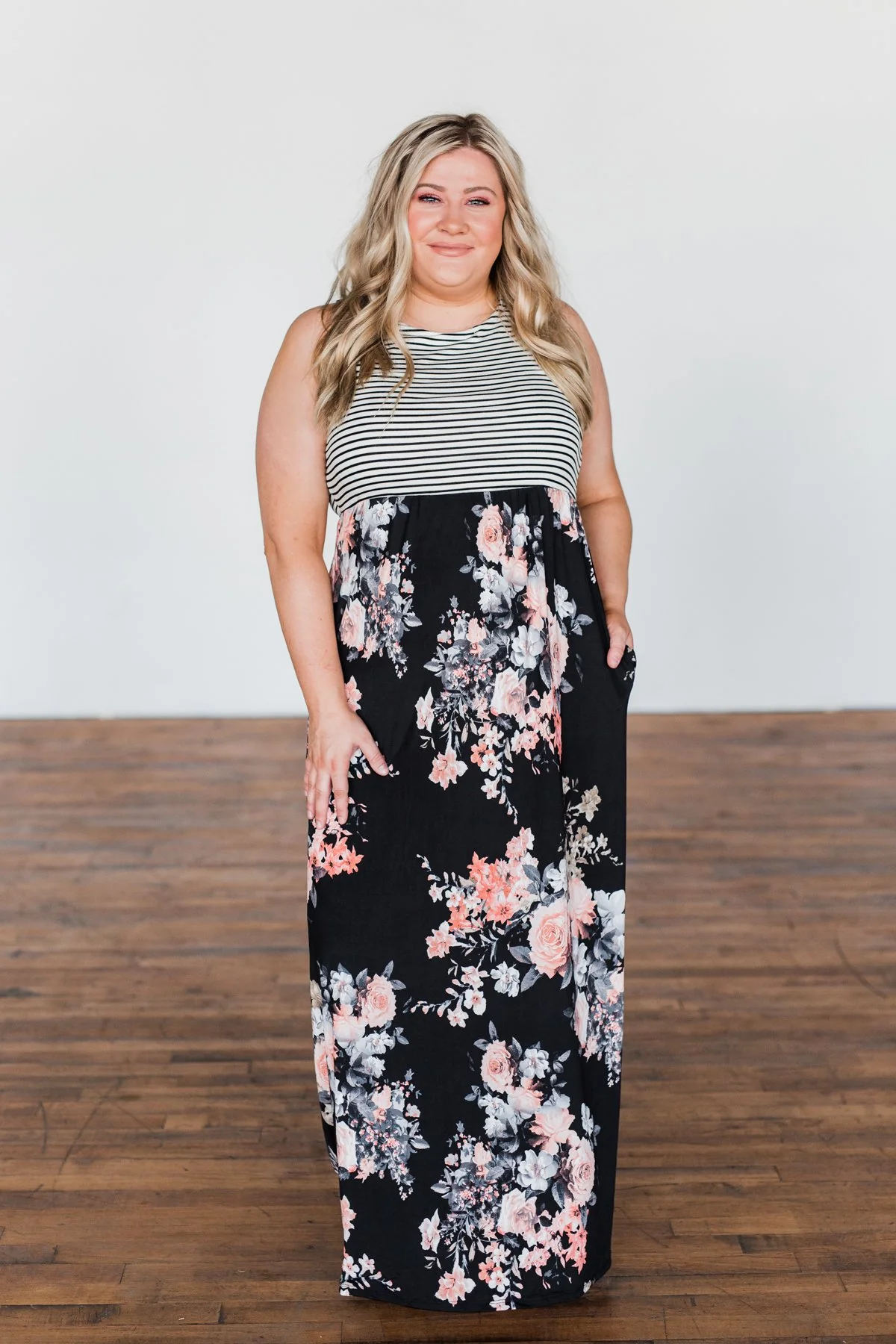 Like You Do Floral & Stripes Maxi Dress- Black & Off White - Image 6