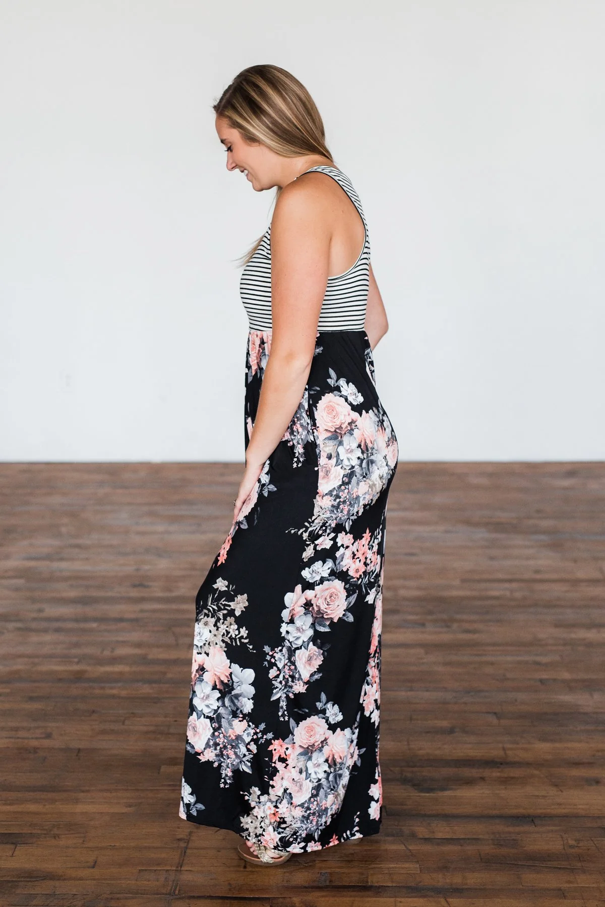 Like You Do Floral & Stripes Maxi Dress- Black & Off White - Image 7