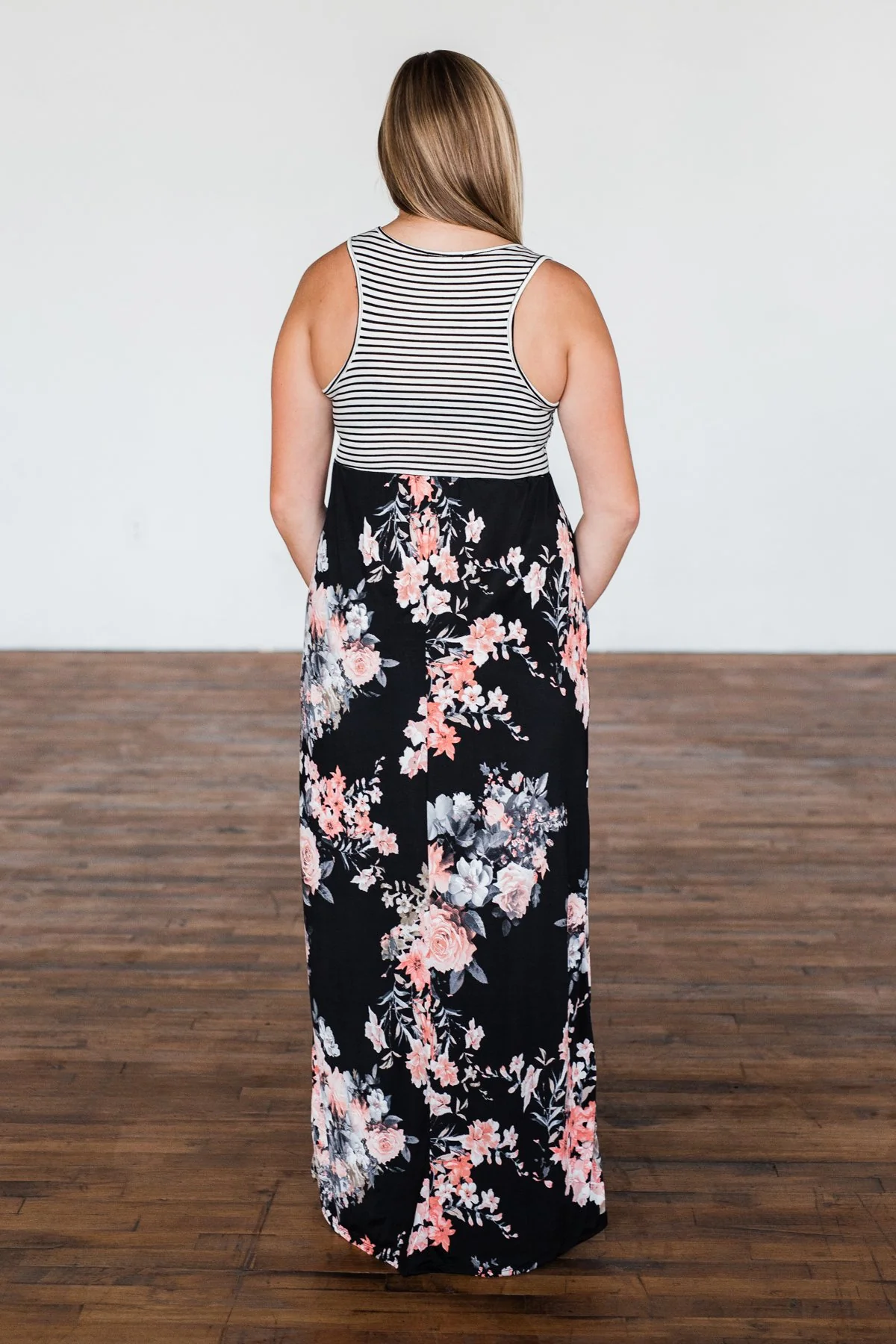 Like You Do Floral & Stripes Maxi Dress- Black & Off White - Image 9