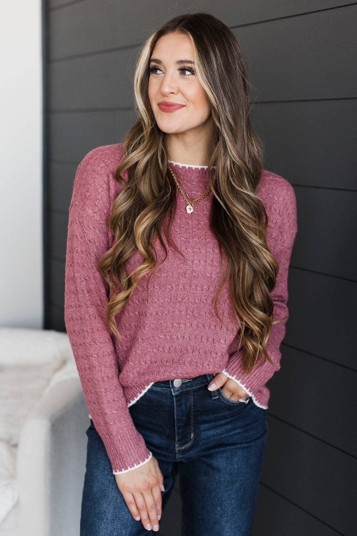 Limitless Possibilities Blanket Stitch Knit Sweater- Dark Rose - Image 4