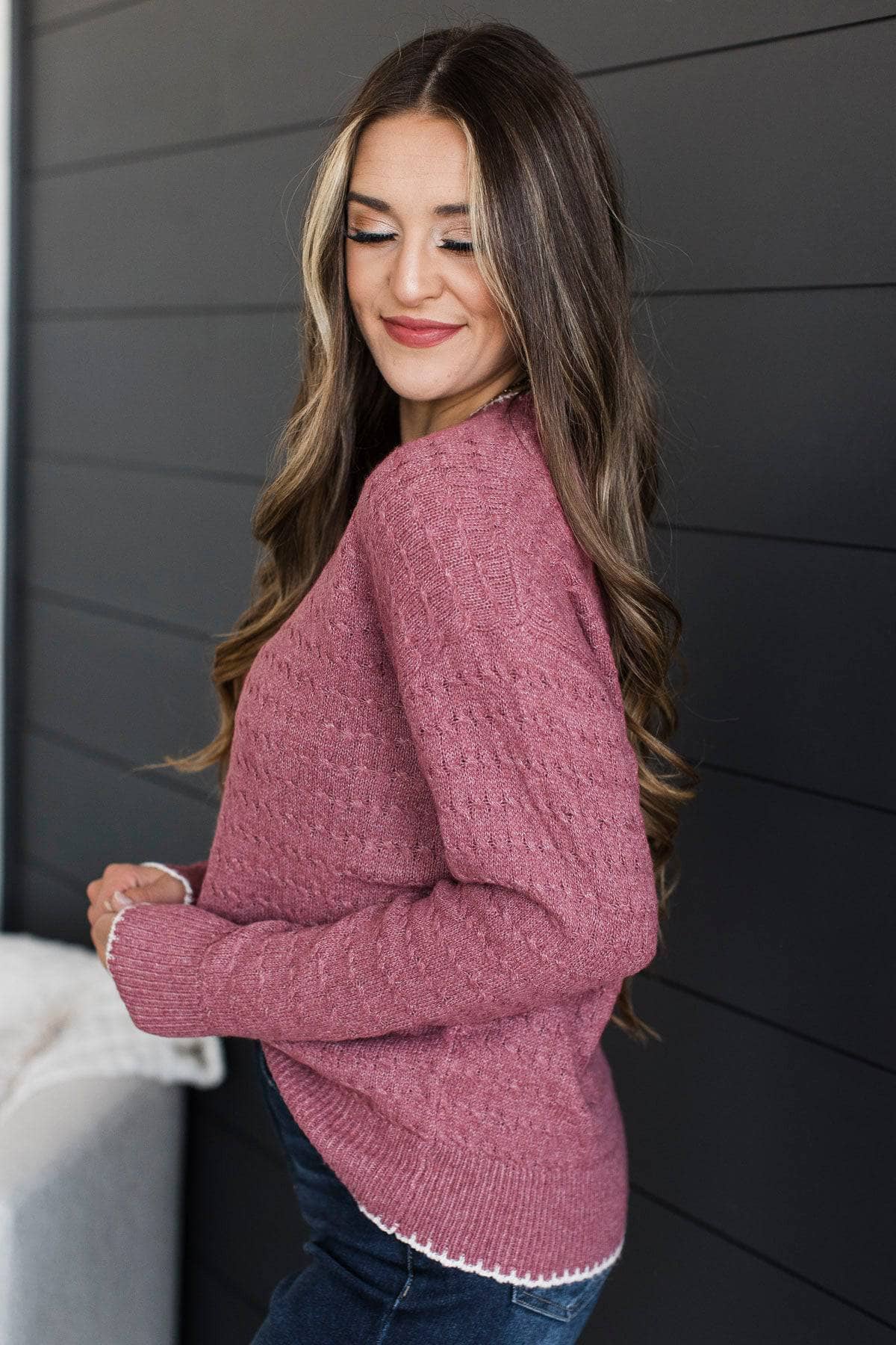 Limitless Possibilities Blanket Stitch Knit Sweater- Dark Rose - Image 6
