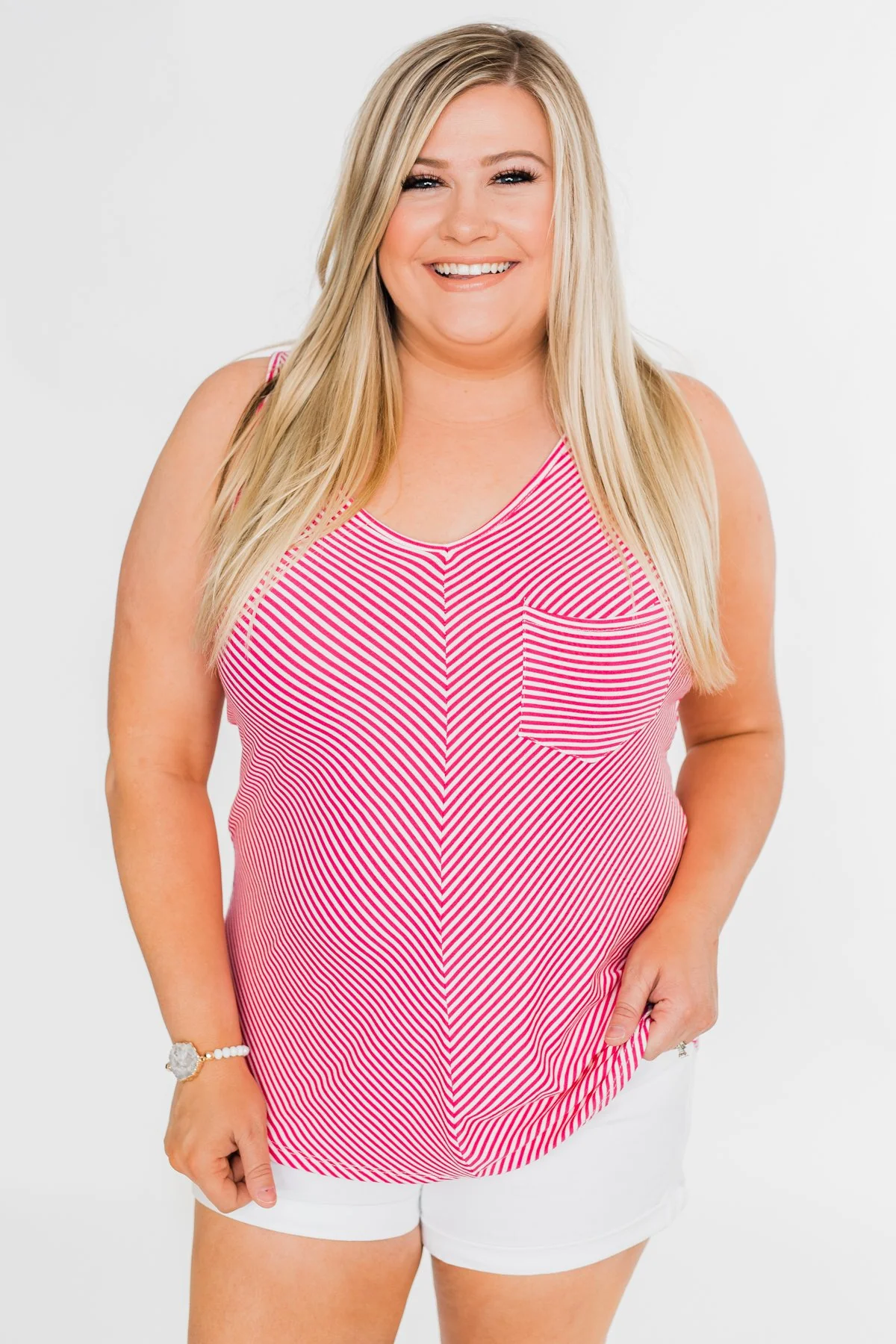 Line It Up Striped Pocket Tank Top- Fuchsia