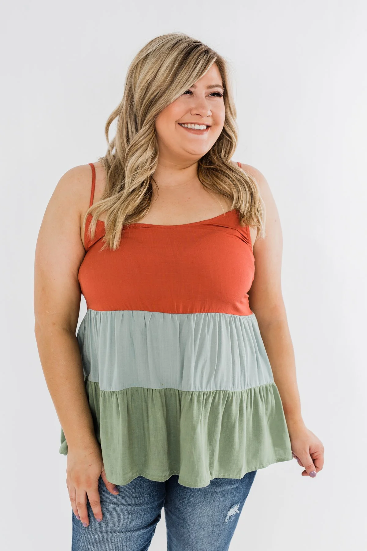 Lingering Feelings Color Block Tank Top- Rust, Slate Blue, & Green - Image 7