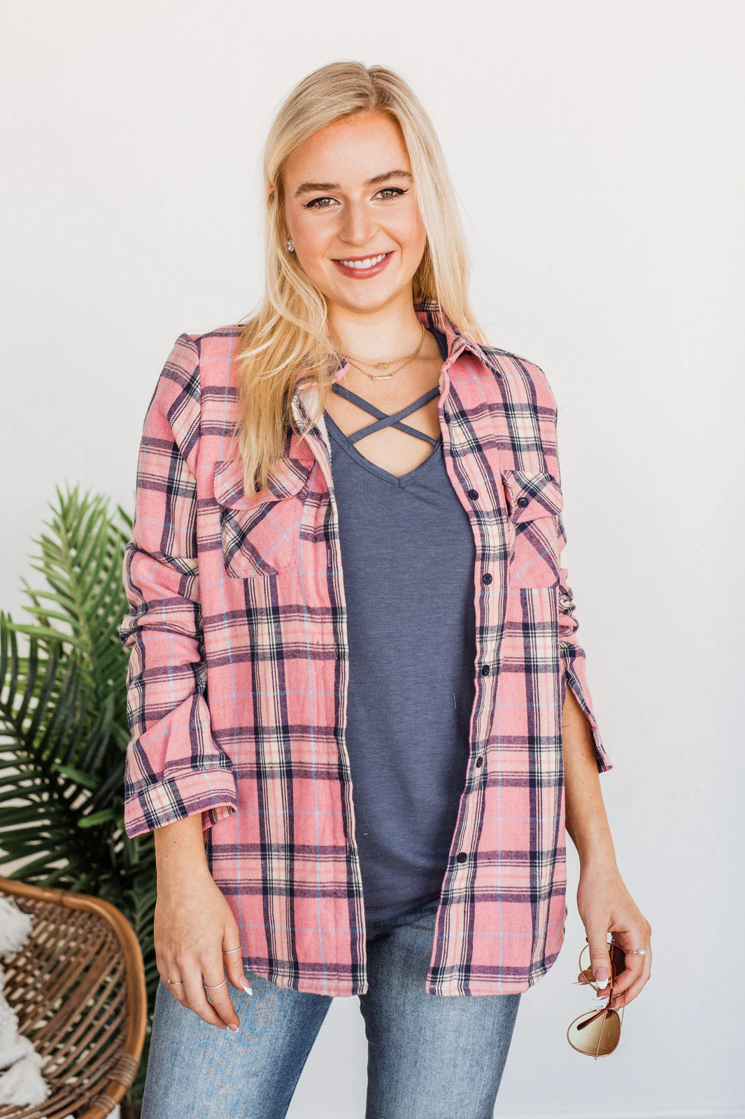 Little Do You Know Button Top- Pink & Navy - Image 3