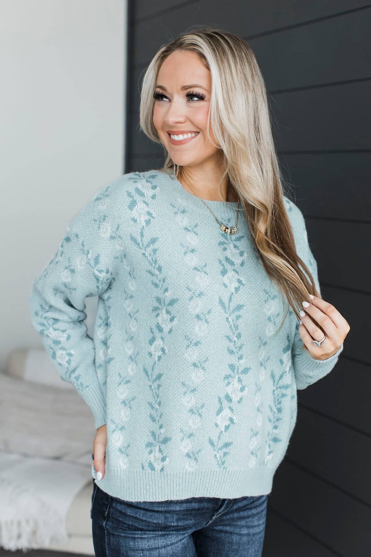 Little Joys Floral Stripe Knit Sweater- Dusty Mint - Image 2