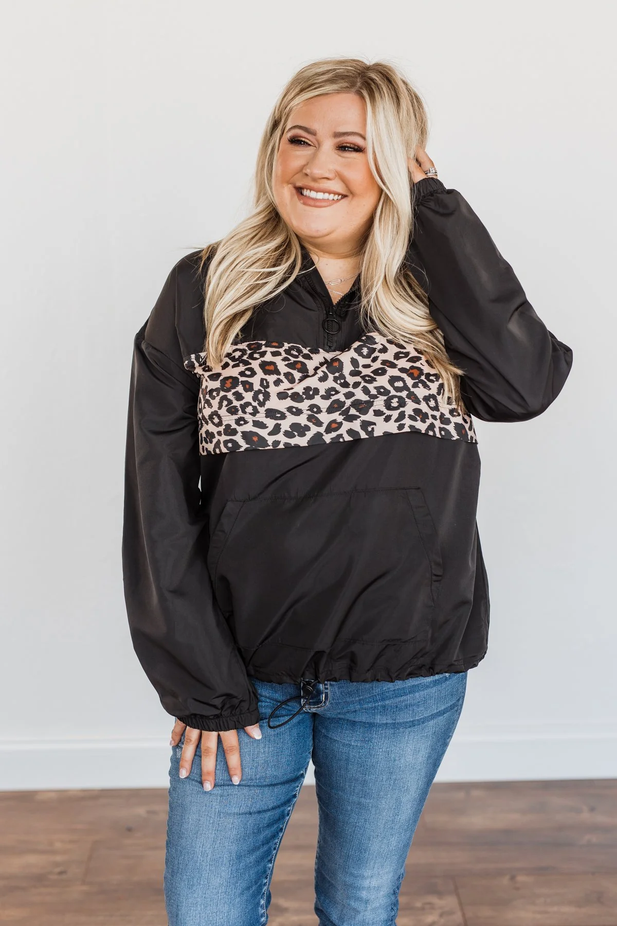 Little Miss Sunshine Drawstring Windbreaker- Black & Leopard - Image 5