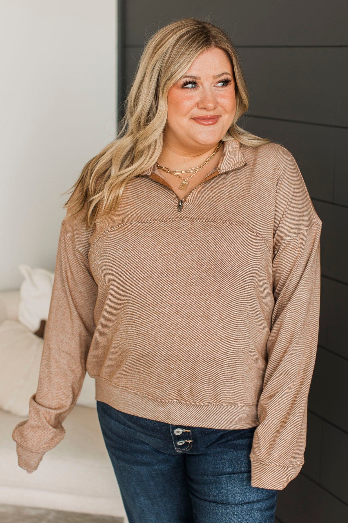 Live It Up Quarter Zip Pullover Top- Rust - Image 2