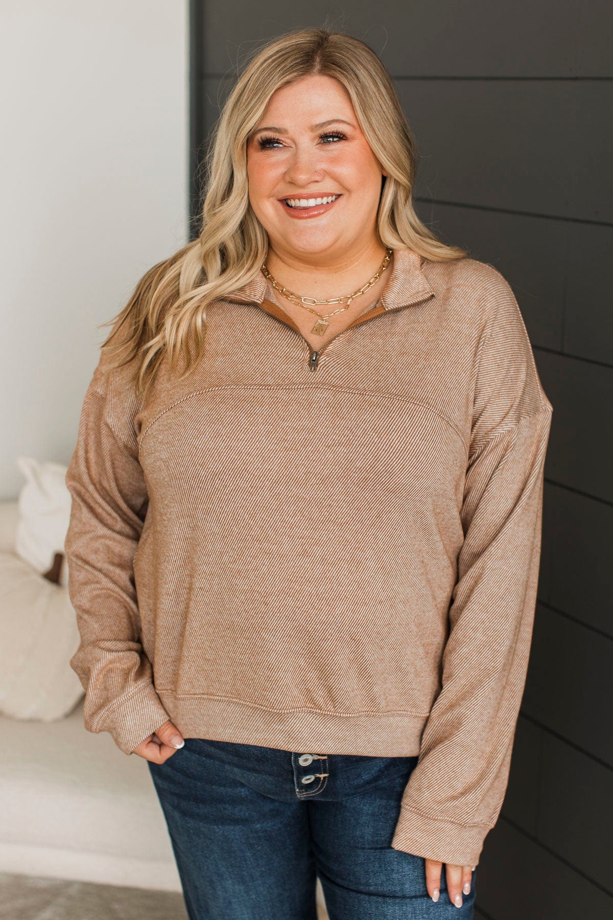 Live It Up Quarter Zip Pullover Top- Rust - Image 4