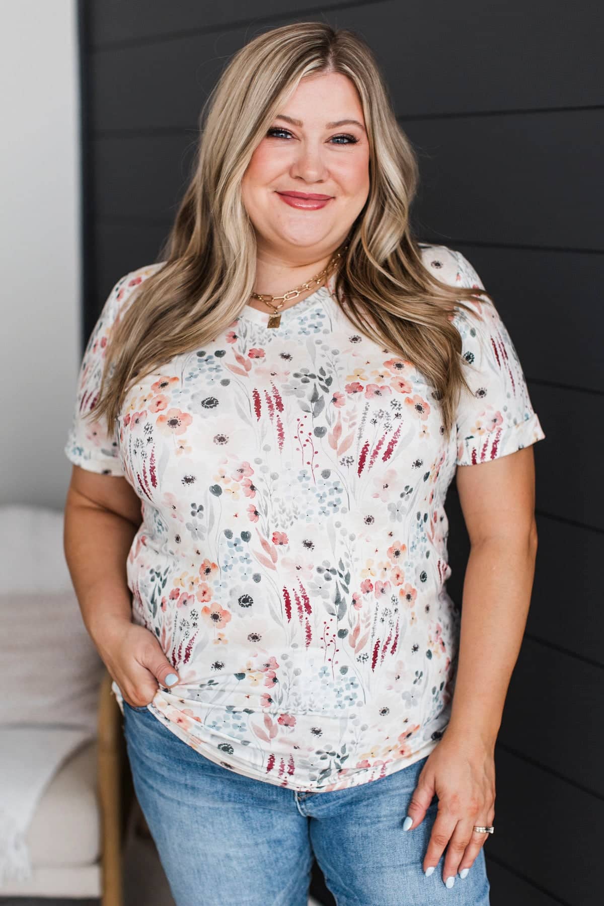 Live & Learn Floral V-Neck Top- Off-White - Image 2