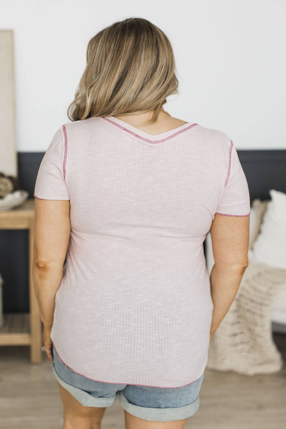 Live Life Fully Ribbed V-Neck Top- Baby Pink - Image 8