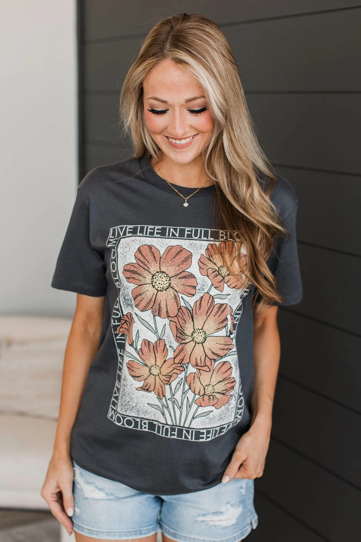 "Live Life In Full Bloom" Floral Graphic Tee- Charcoal - Image 3