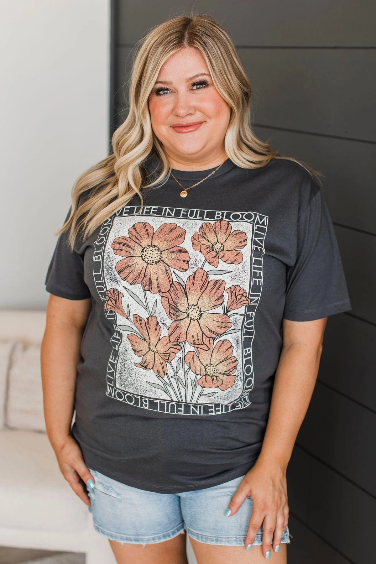 "Live Life In Full Bloom" Floral Graphic Tee- Charcoal - Image 4