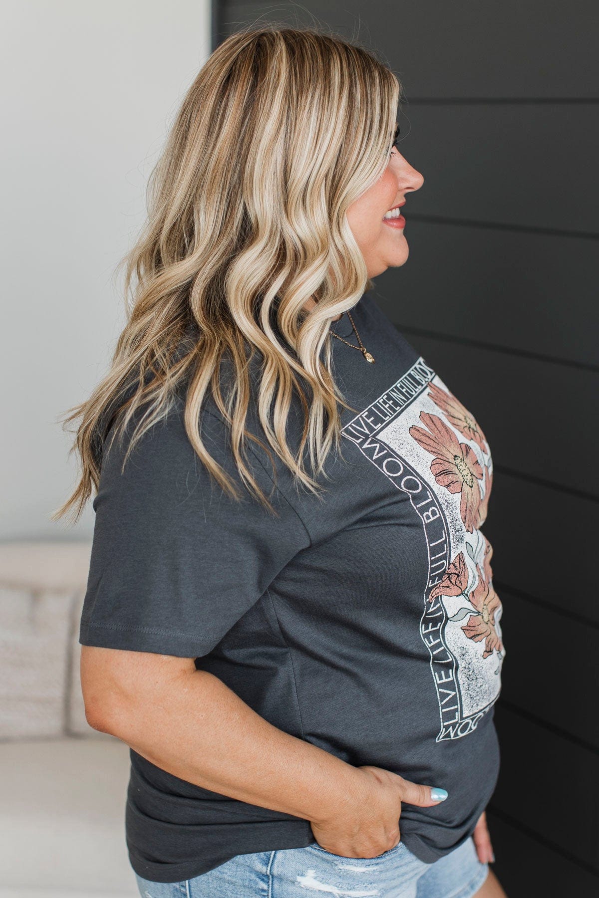 "Live Life In Full Bloom" Floral Graphic Tee- Charcoal - Image 6