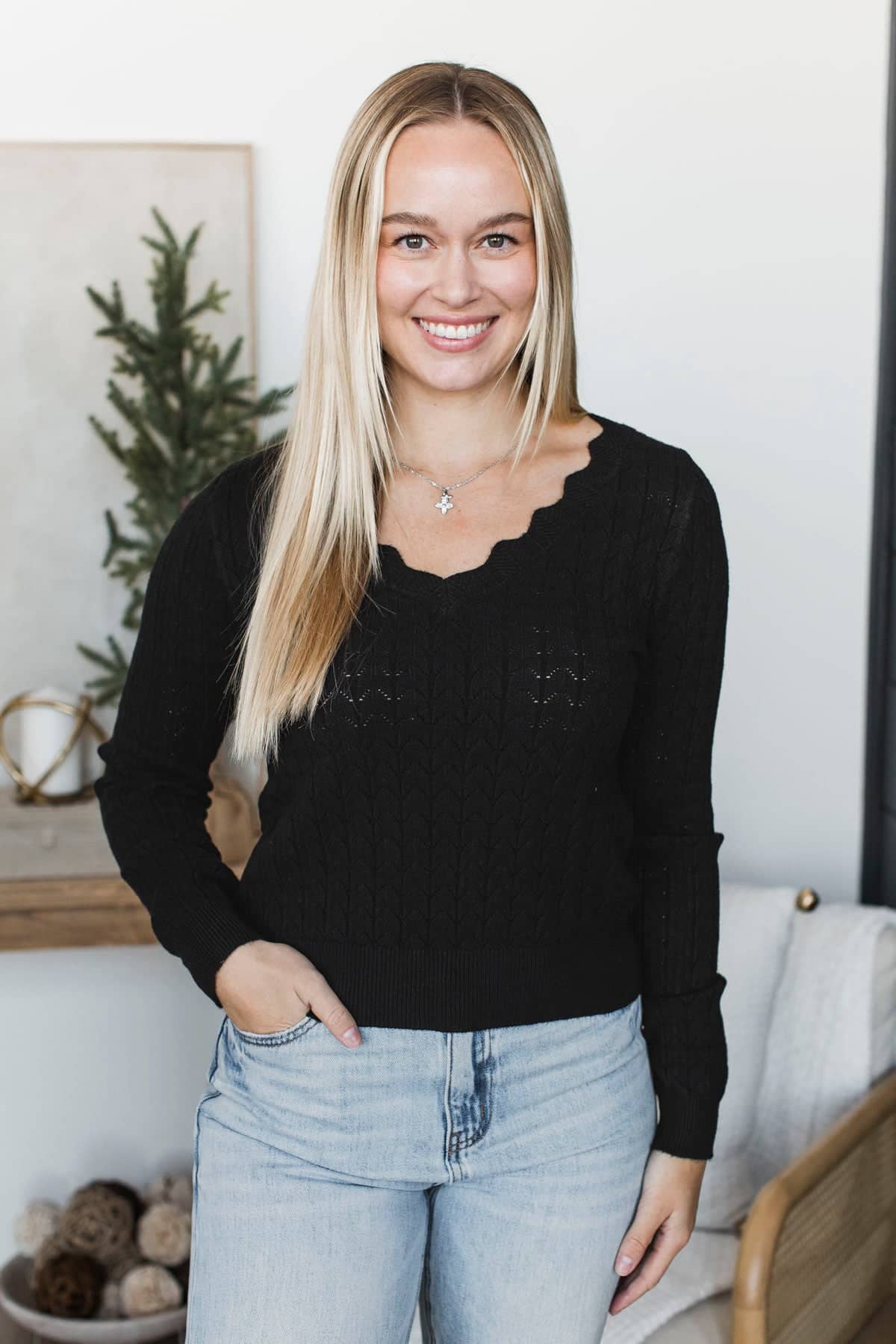 Live Passionately V-Neck Pointelle Sweater- Black - Image 3