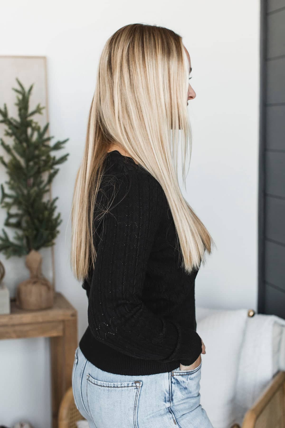 Live Passionately V-Neck Pointelle Sweater- Black - Image 5