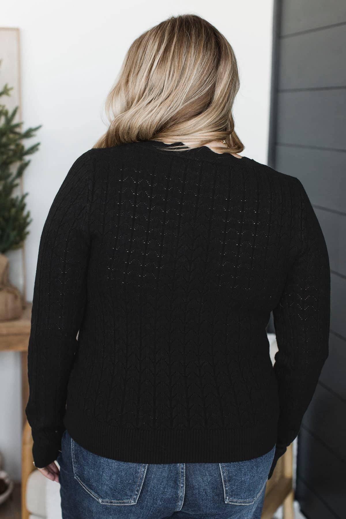 Live Passionately V-Neck Pointelle Sweater- Black - Image 7