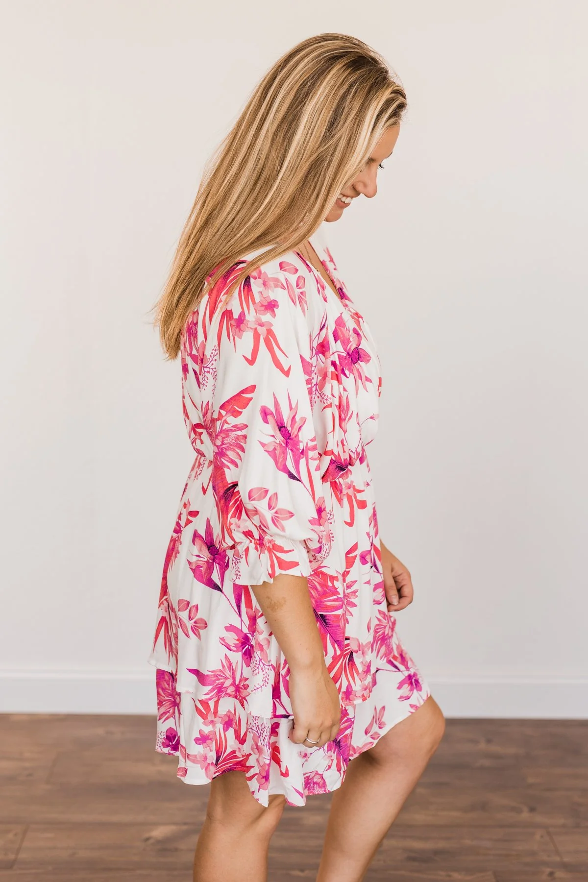 Live To Travel Floral V-Neck Dress- Ivory & Fuchsia - Image 10