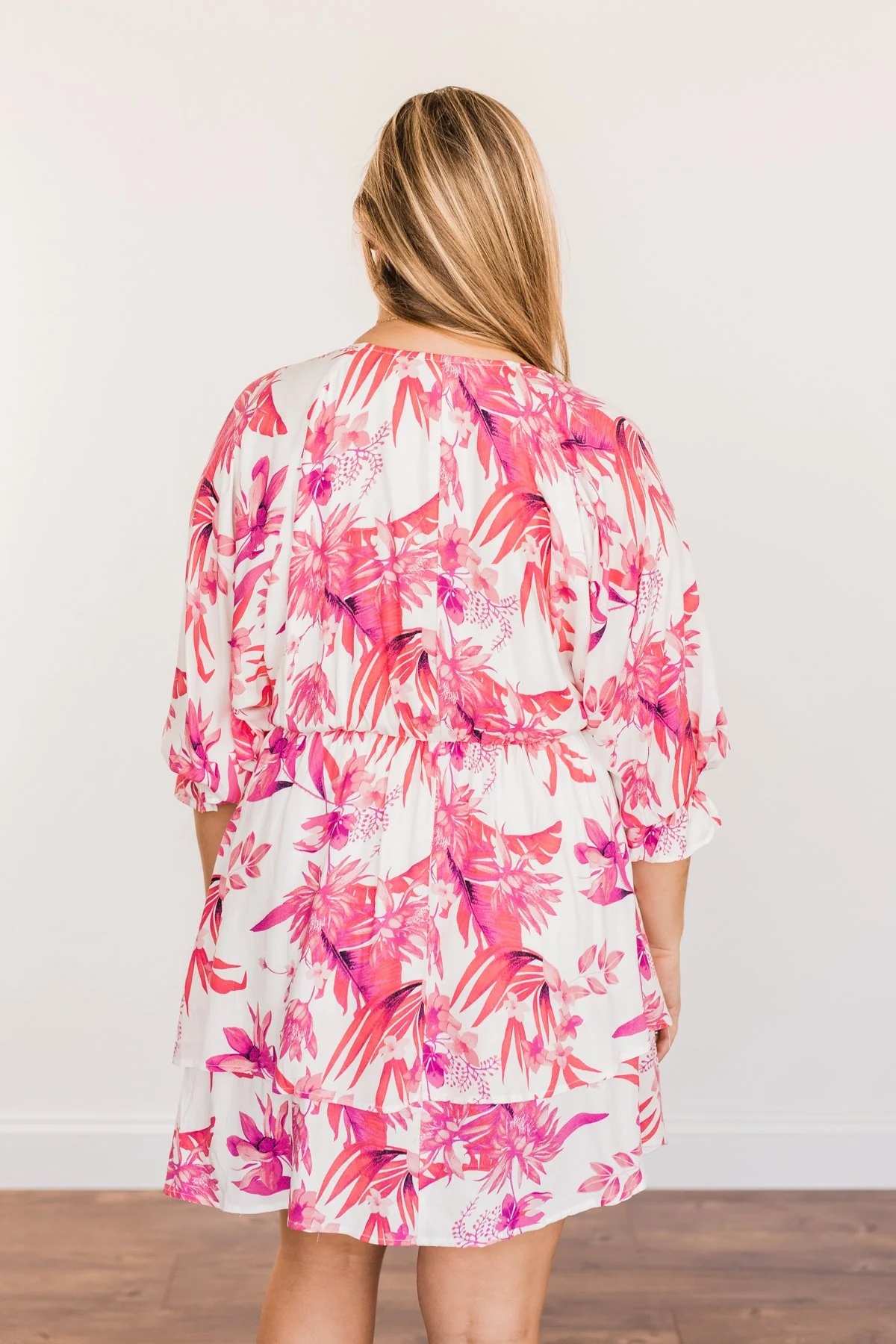 Live To Travel Floral V-Neck Dress- Ivory & Fuchsia - Image 12