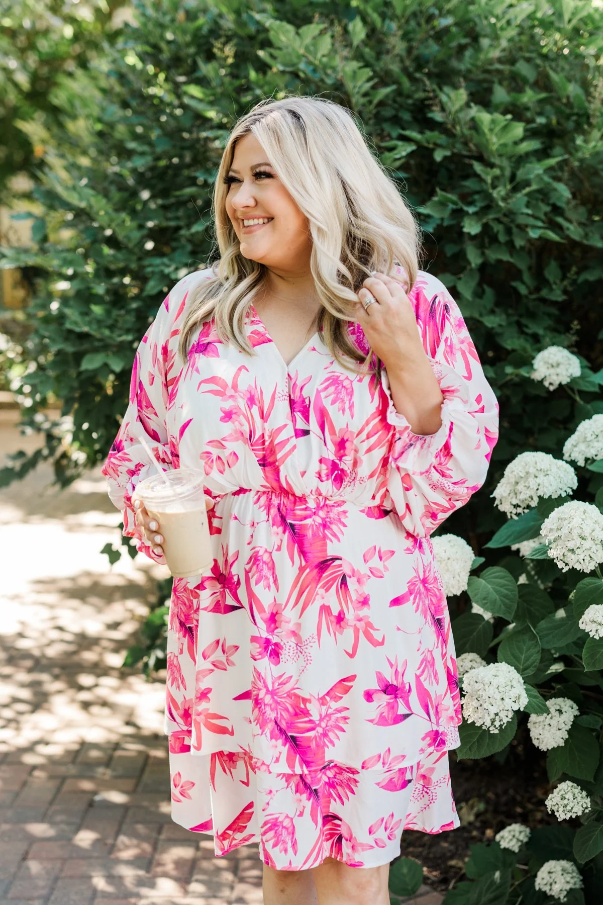 Live To Travel Floral V-Neck Dress- Ivory & Fuchsia - Image 3