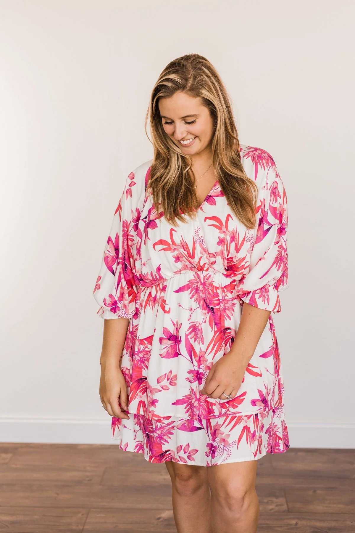 Live To Travel Floral V-Neck Dress- Ivory & Fuchsia - Image 4