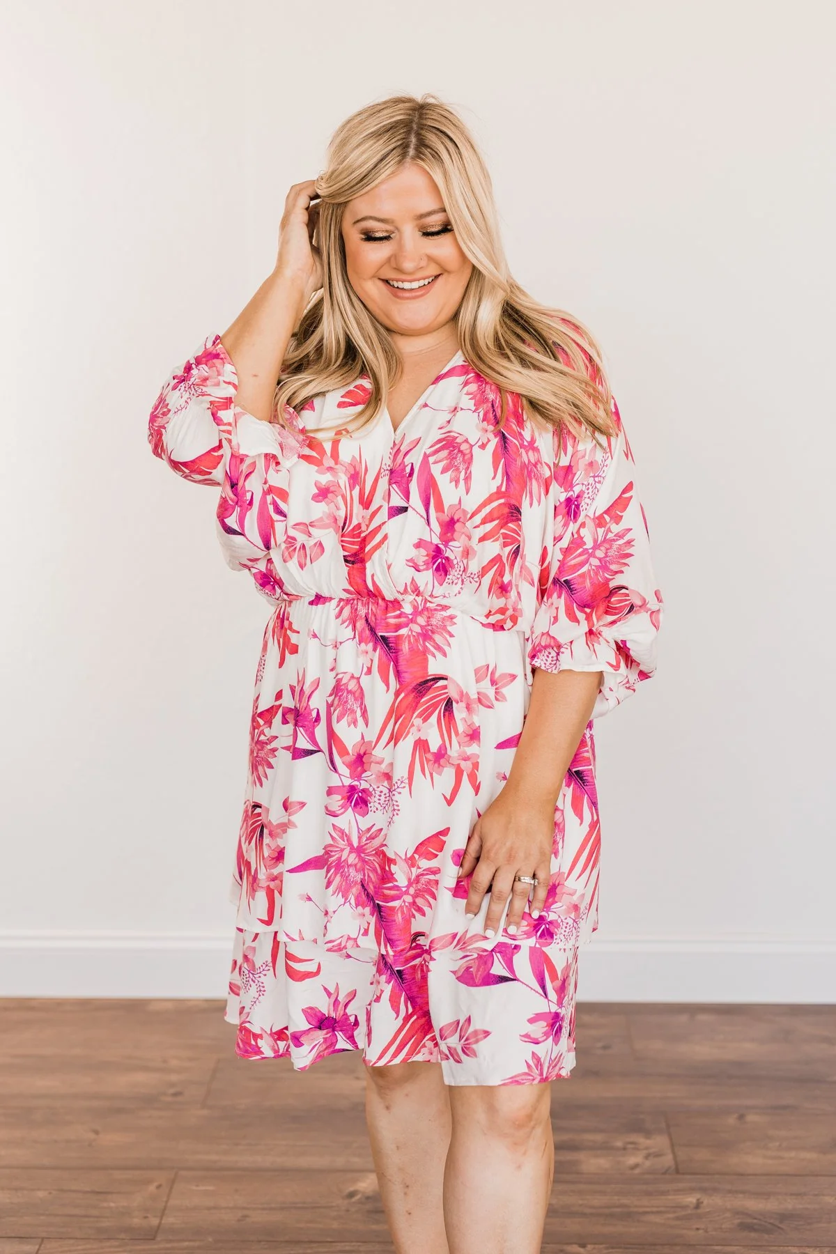 Live To Travel Floral V-Neck Dress- Ivory & Fuchsia - Image 5
