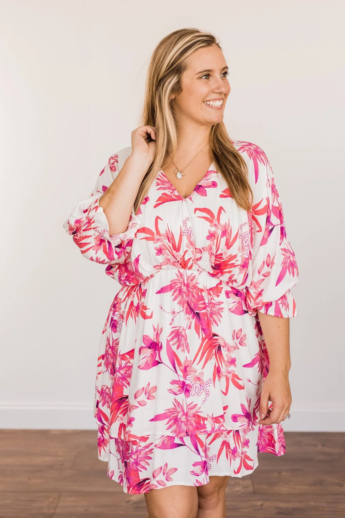 Live To Travel Floral V-Neck Dress- Ivory & Fuchsia - Image 6