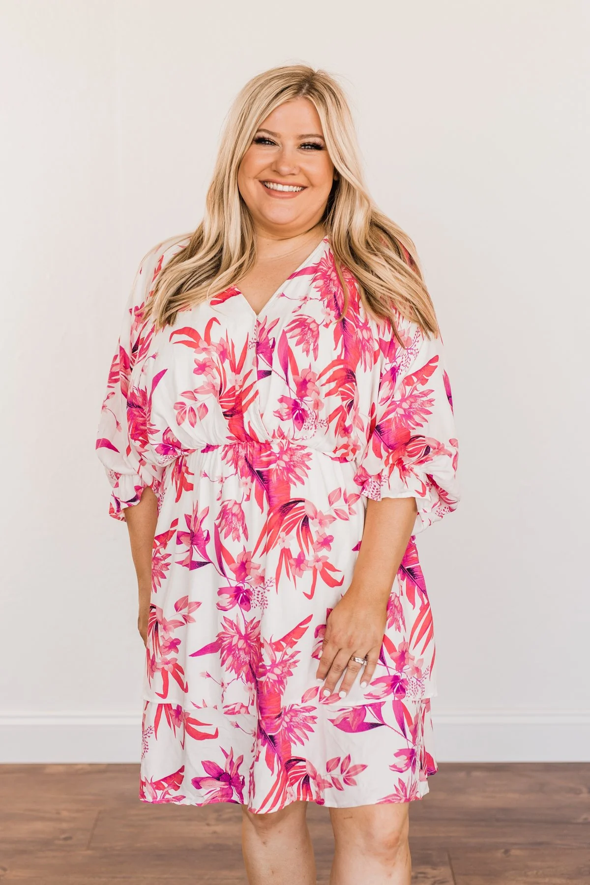 Live To Travel Floral V-Neck Dress- Ivory & Fuchsia - Image 7