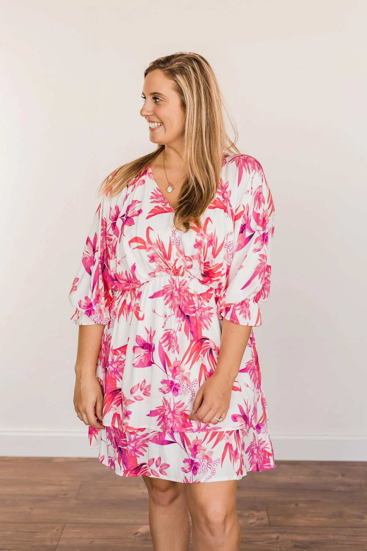 Live To Travel Floral V-Neck Dress- Ivory & Fuchsia - Image 8