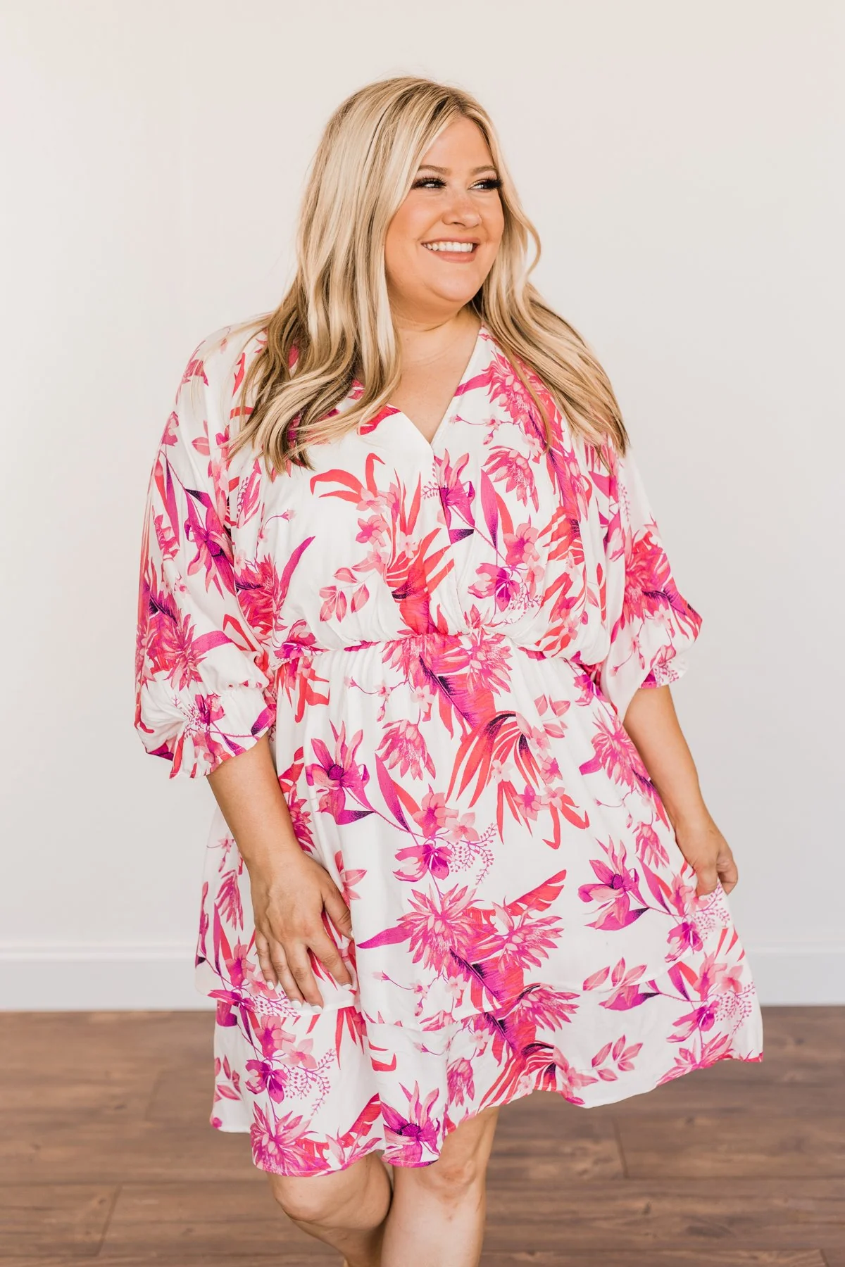 Live To Travel Floral V-Neck Dress- Ivory & Fuchsia - Image 9