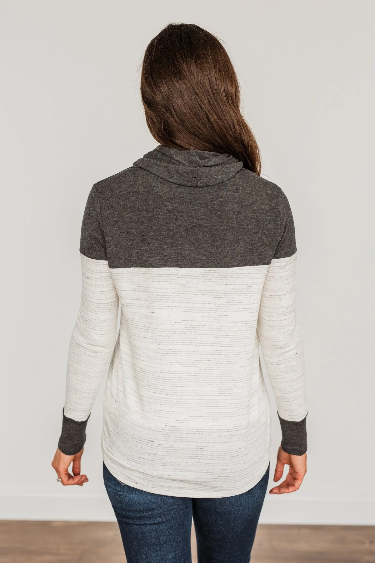 Live Well Cowl Neck Color Block Top- Ivory & Charcoal - Image 11