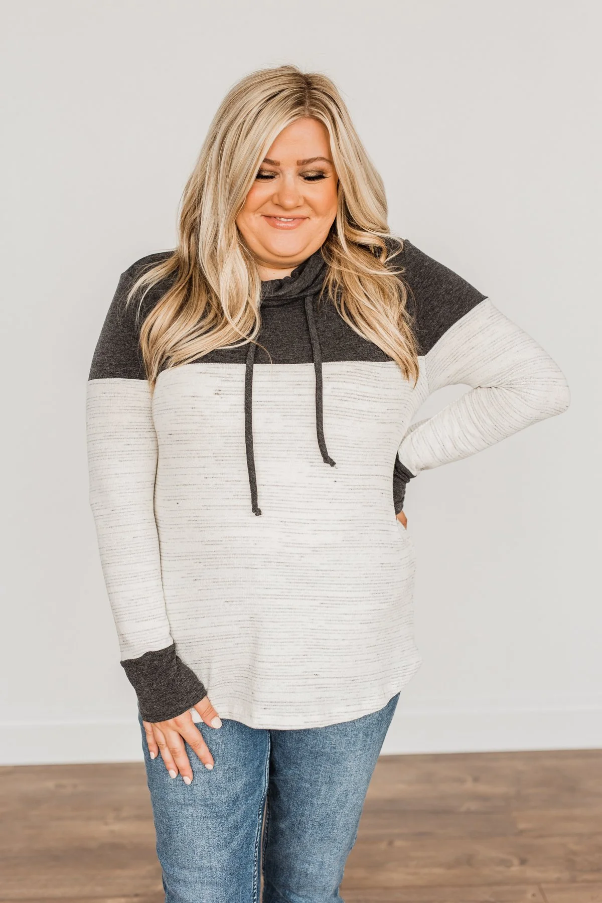 Live Well Cowl Neck Color Block Top- Ivory & Charcoal - Image 3