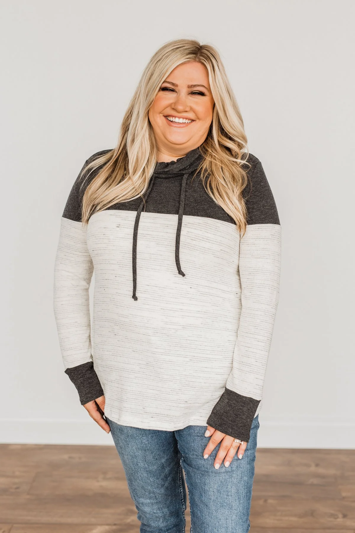 Live Well Cowl Neck Color Block Top- Ivory & Charcoal - Image 6