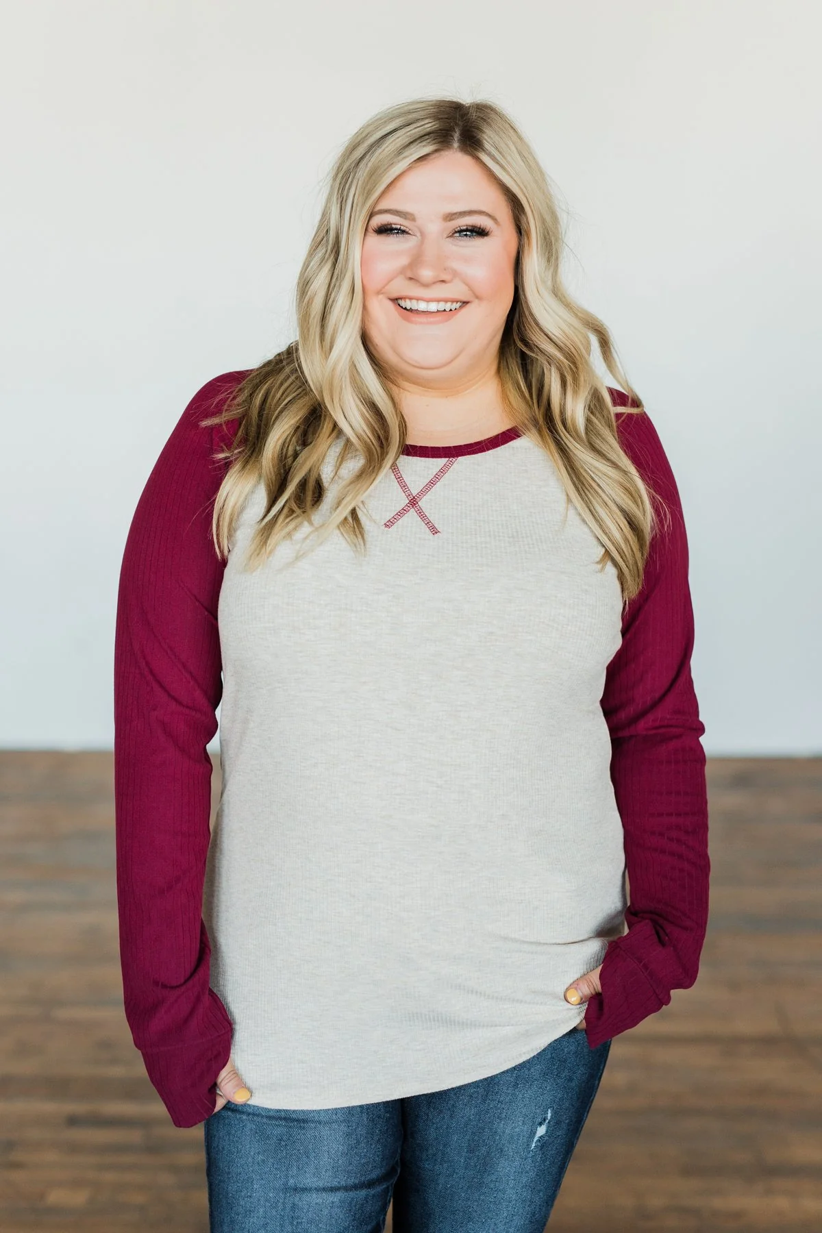 Live Your Life Long Sleeve Raglan Top- Oatmeal & Burgundy - Image 2