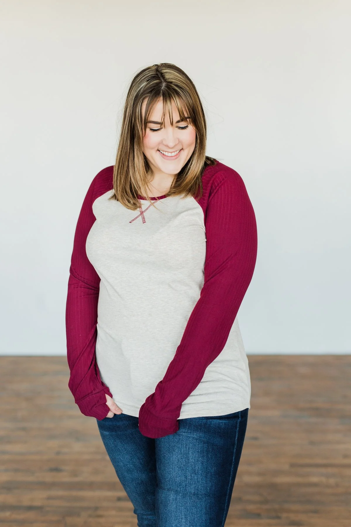Live Your Life Long Sleeve Raglan Top- Oatmeal & Burgundy - Image 3