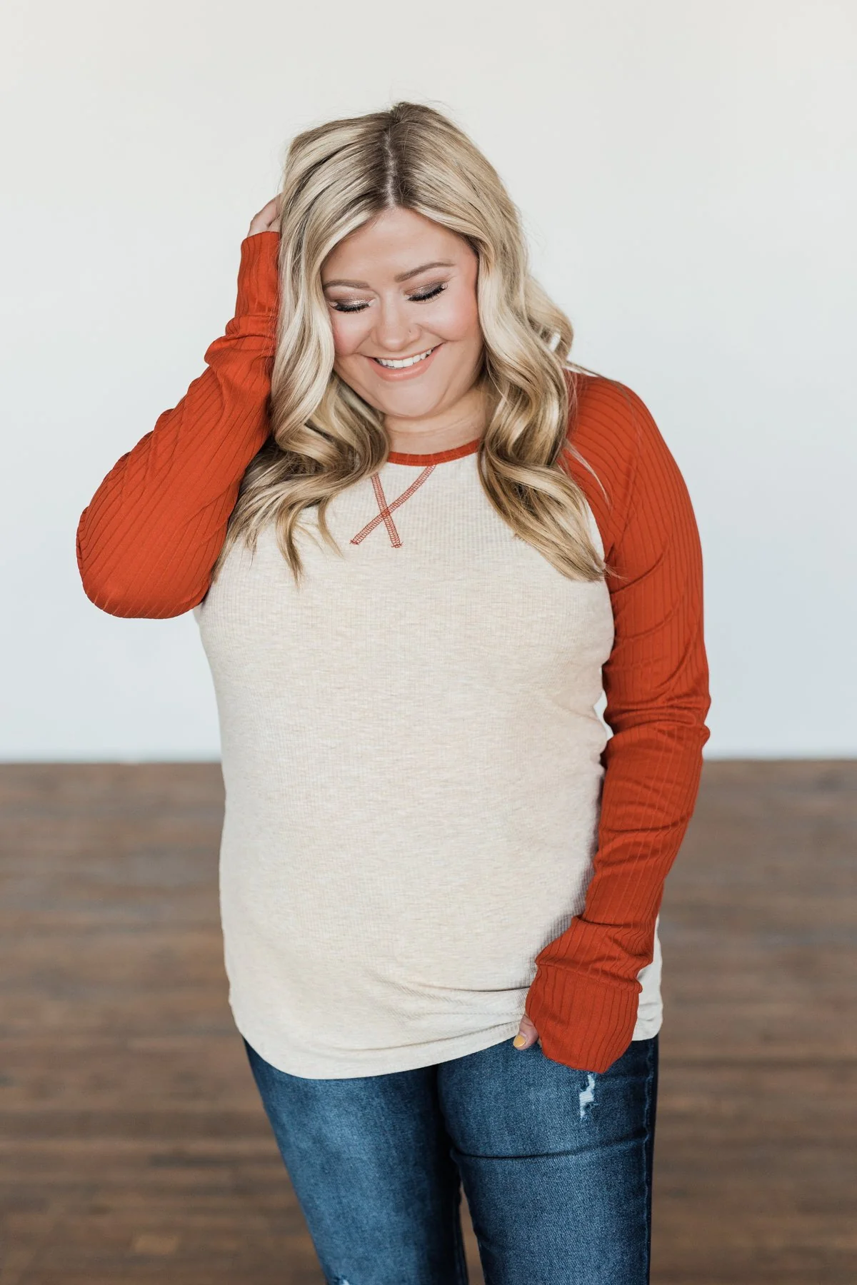 Live Your Life Long Sleeve Raglan Top- Oatmeal & Burnt Orange - Image 9