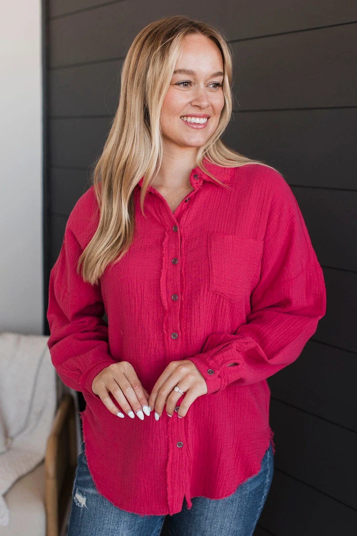 Lively Energy Button Top- Fuchsia